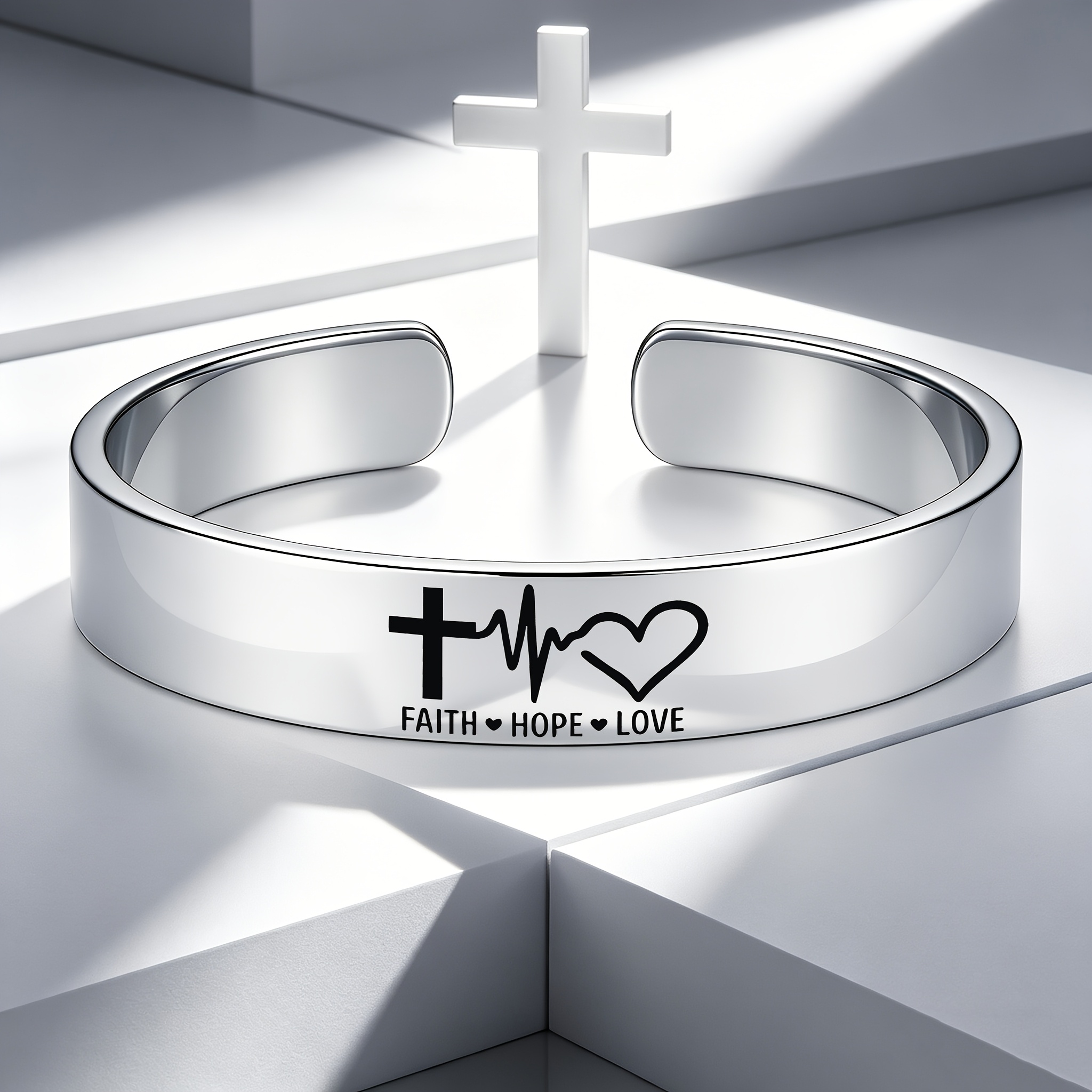 Vintage Cross with Heartbeat Frequency Open Bangle Bracelet